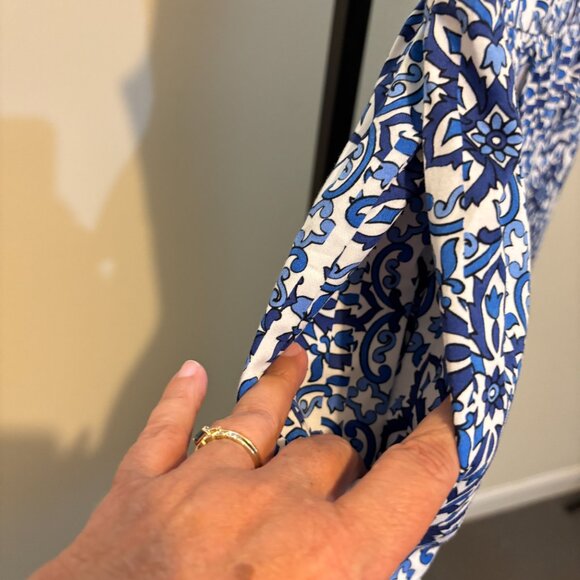 Milly Fit and Flare Blue White Print V Neck Sleeveless Dress - Picture 10 of 13